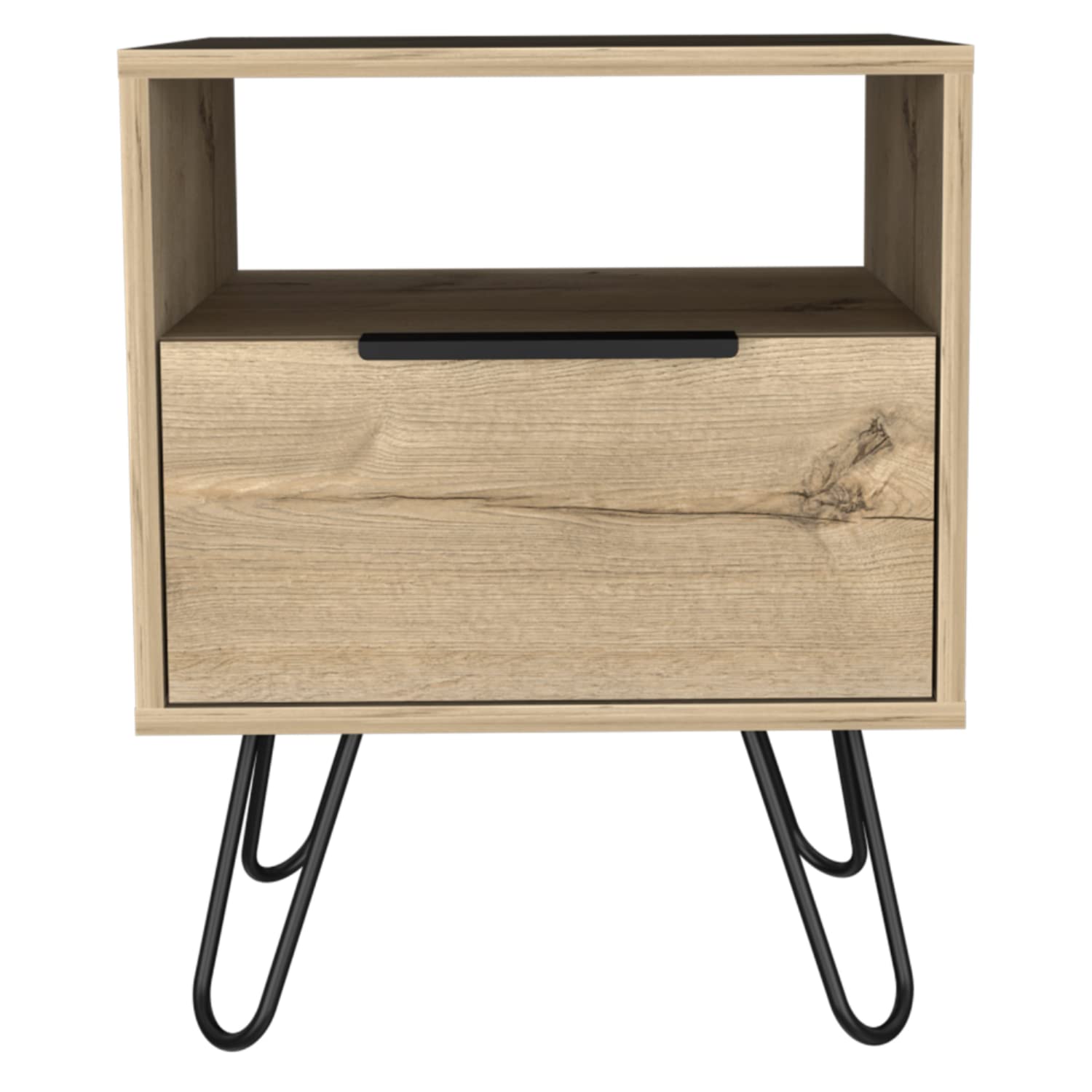 Nightstand 22&Quot; H, 1 Open Shelf, Single Door Cabient, Hairpin Legs, Light Oak